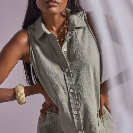 Sleeveless Pleat Pocket Dress Womens Dress Sage C1