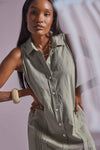 Sleeveless Pleat Pocket Dress Womens Dress Sage C1
