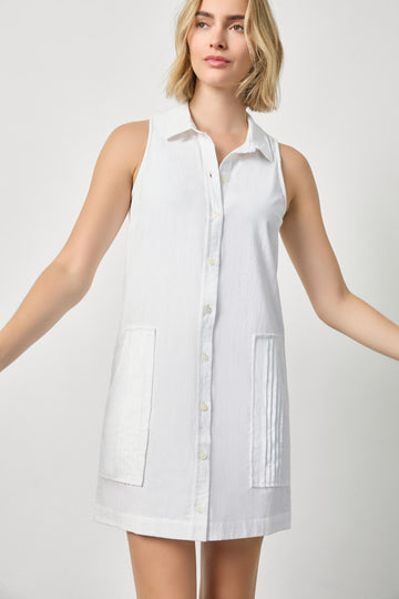Sleeveless Pleat Pocket Dress Womens Dress White A1