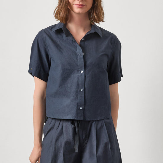 Folded Sleeve Button Down Womens Top Navy A1