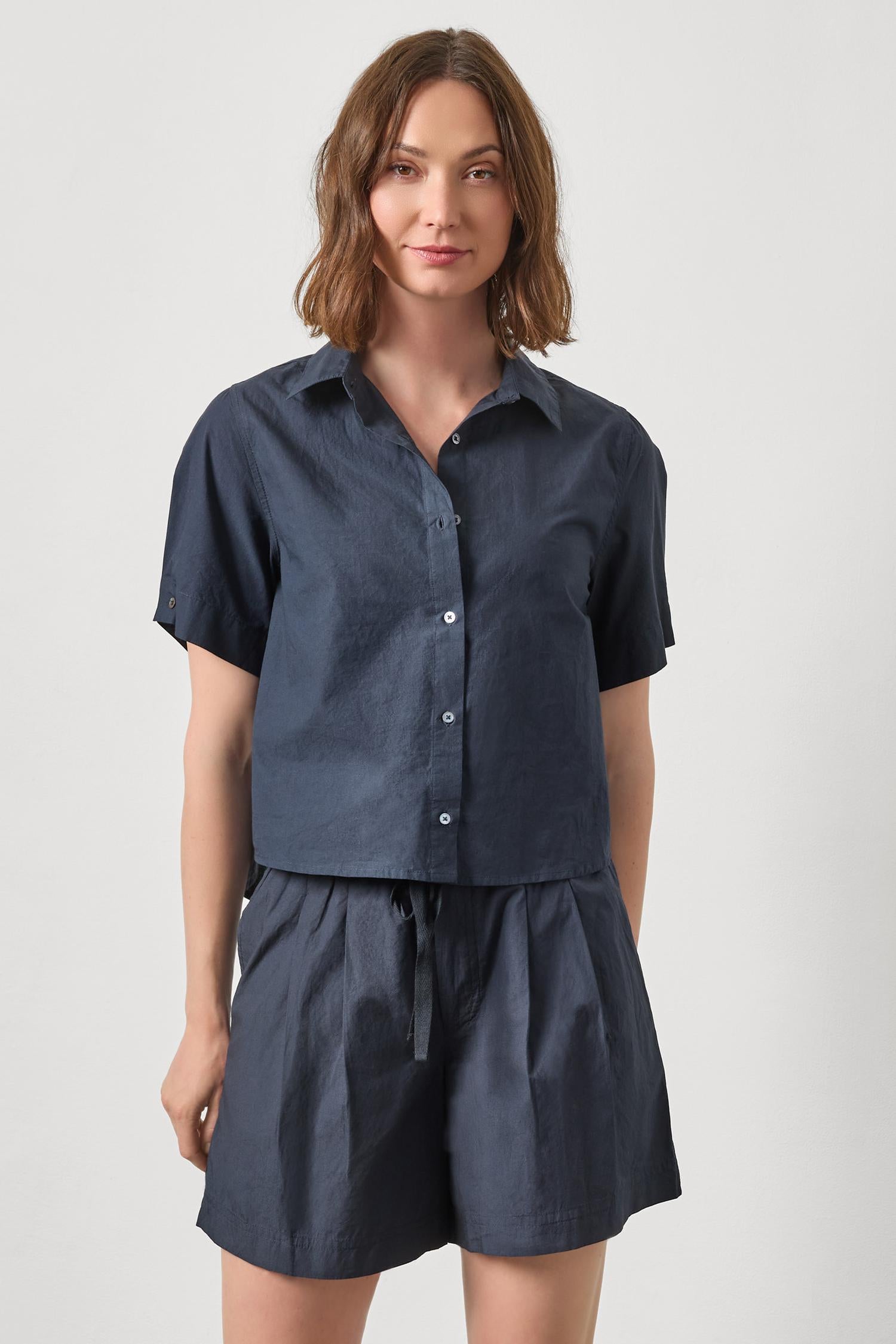 Folded Sleeve Button Down Womens Top Navy A1