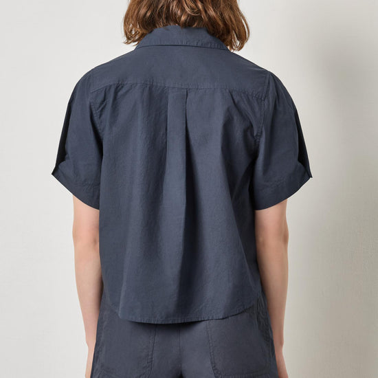 Folded Sleeve Button Down Womens Top Navy A2