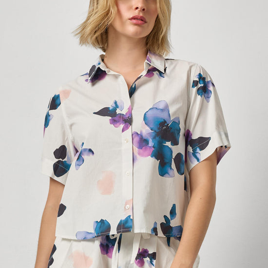 Folded Sleeve Button Down Womens Top Orchid Print A1