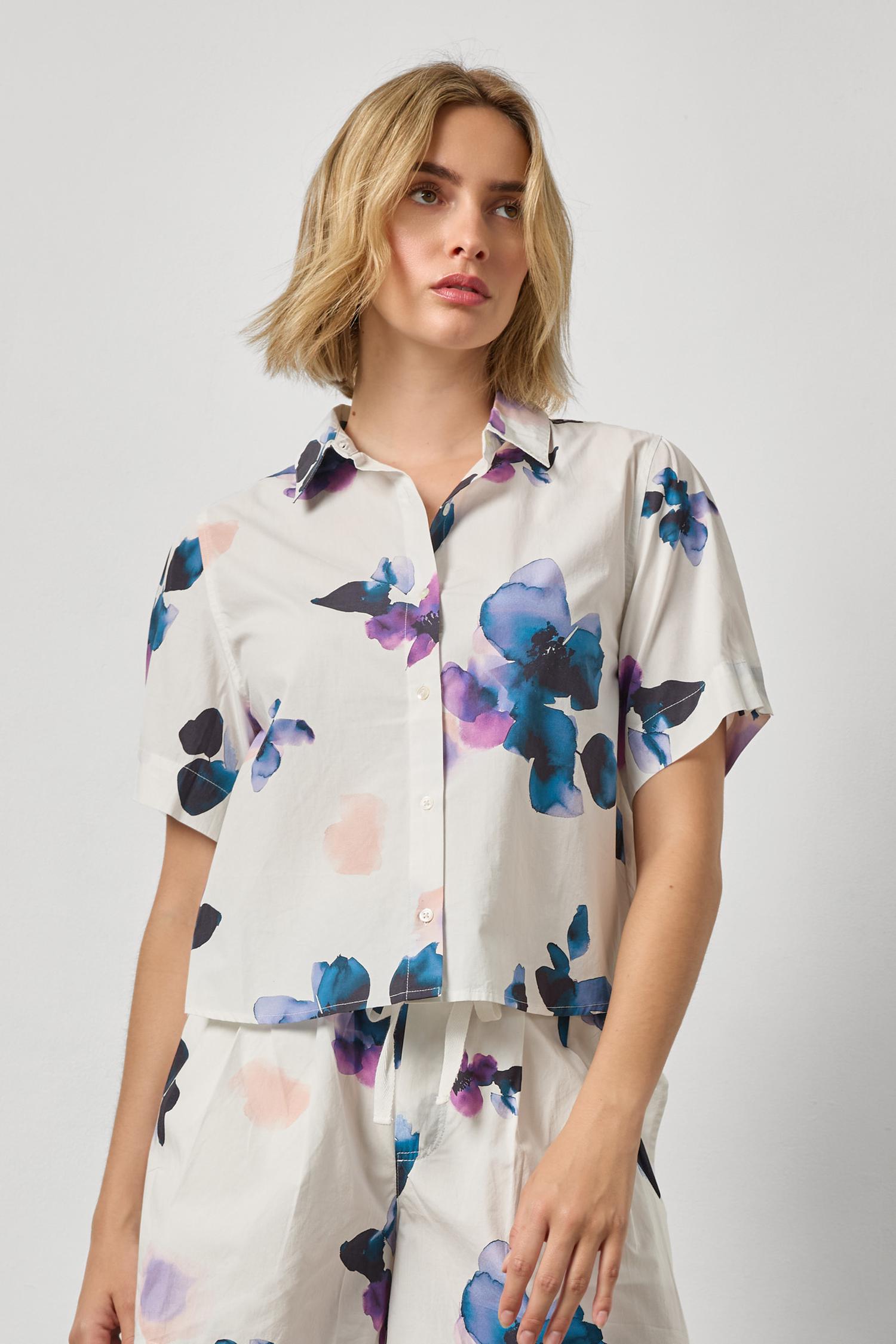 Folded Sleeve Button Down Womens Top Orchid Print A1