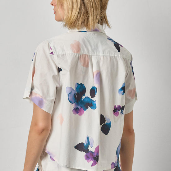 Folded Sleeve Button Down Womens Top Orchid Print A2