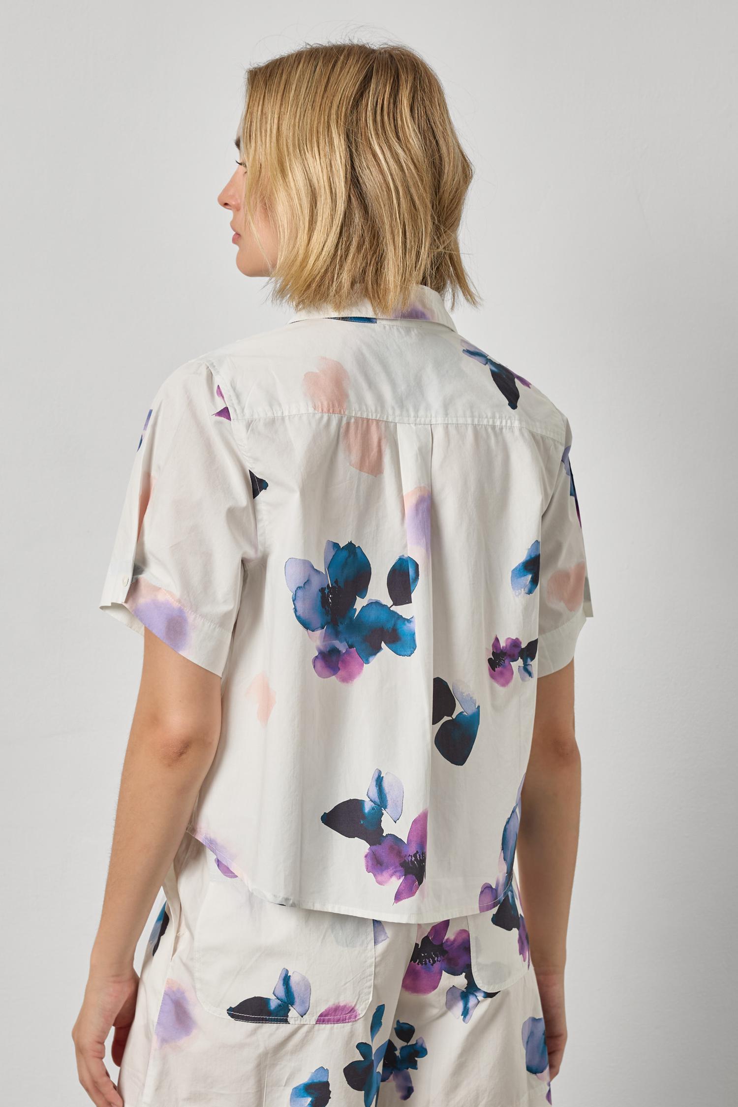 Folded Sleeve Button Down Womens Top Orchid Print A2