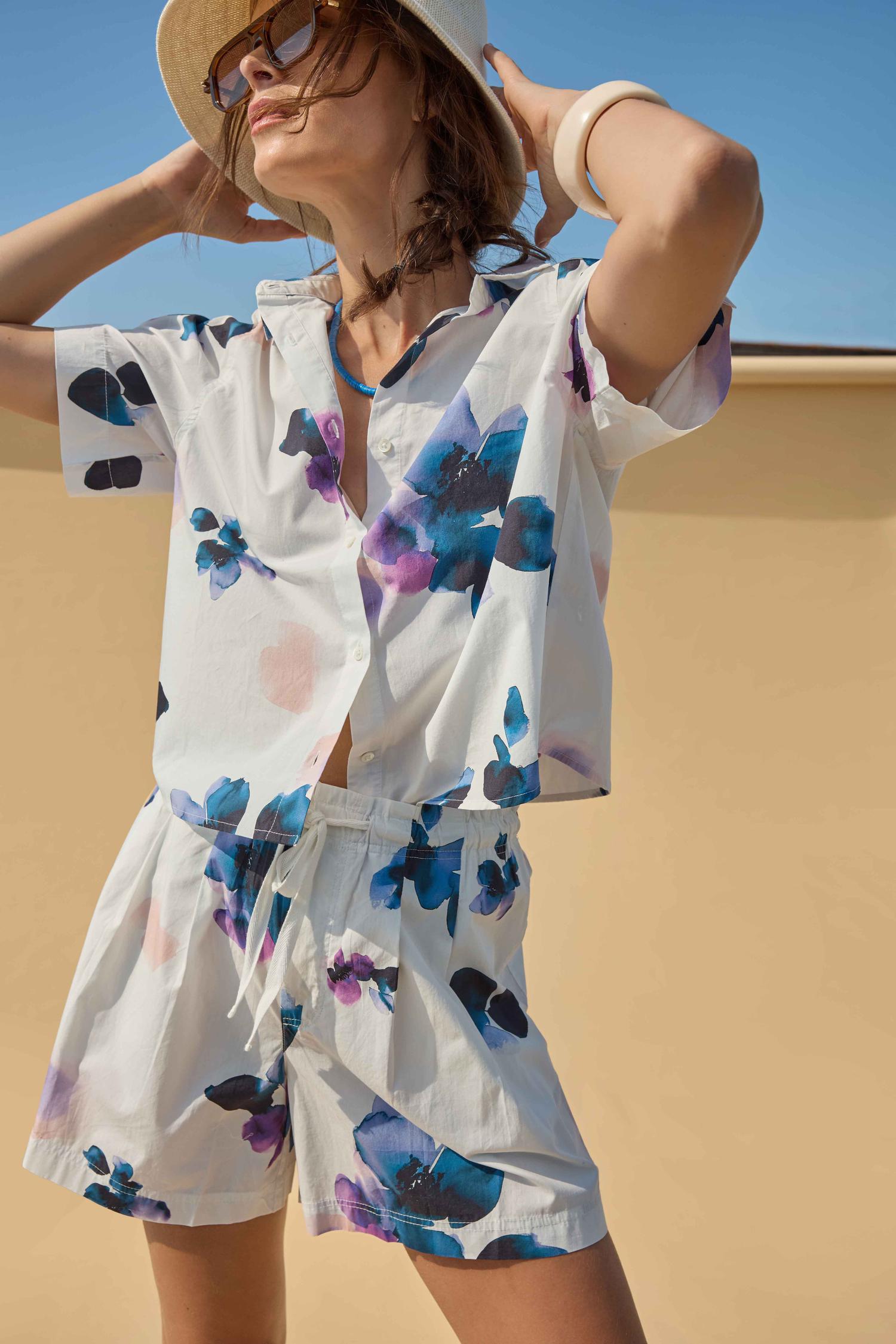 Folded Sleeve Button Down Womens Top Orchid Print C1