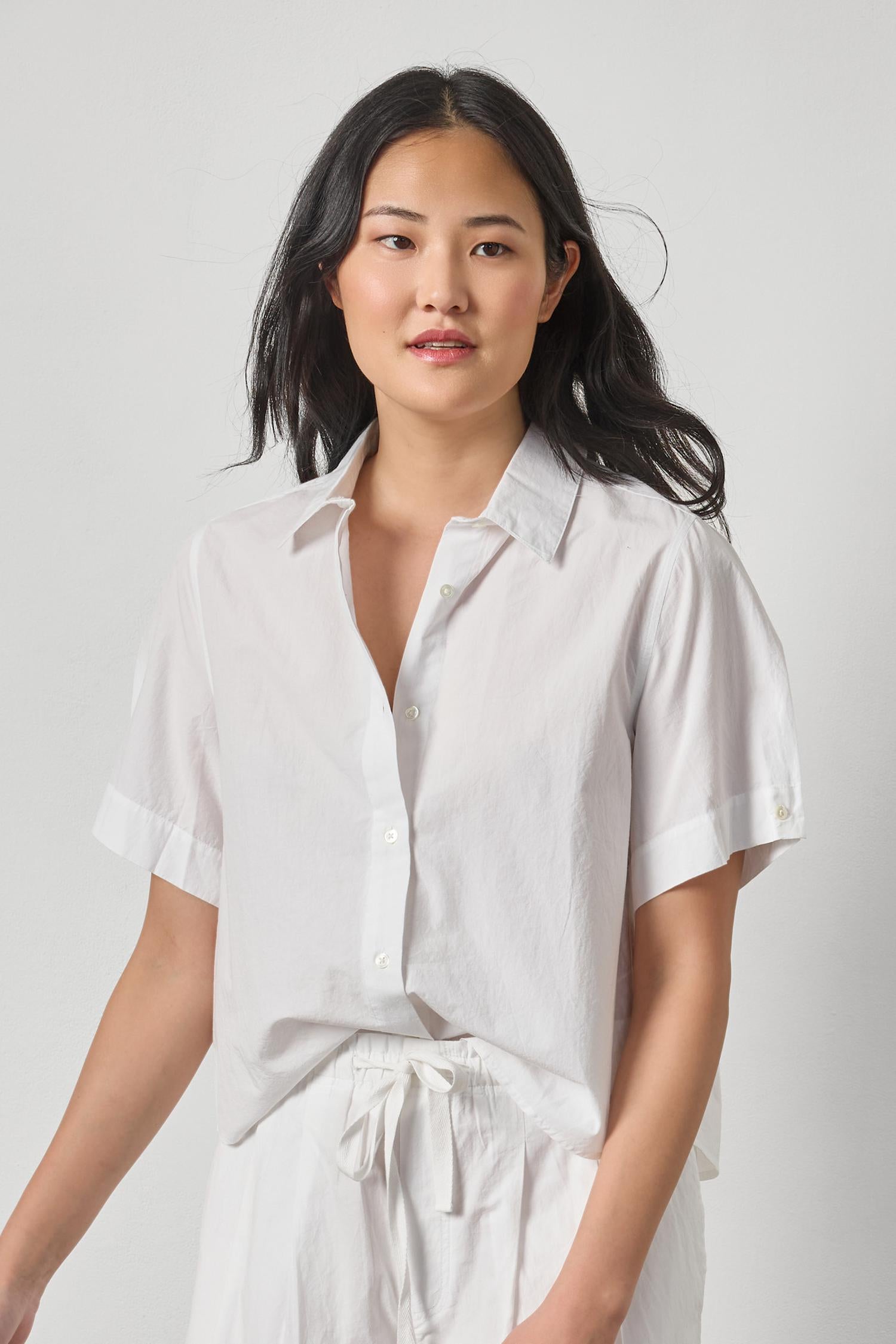 Folded Sleeve Button Down Womens Top White A1