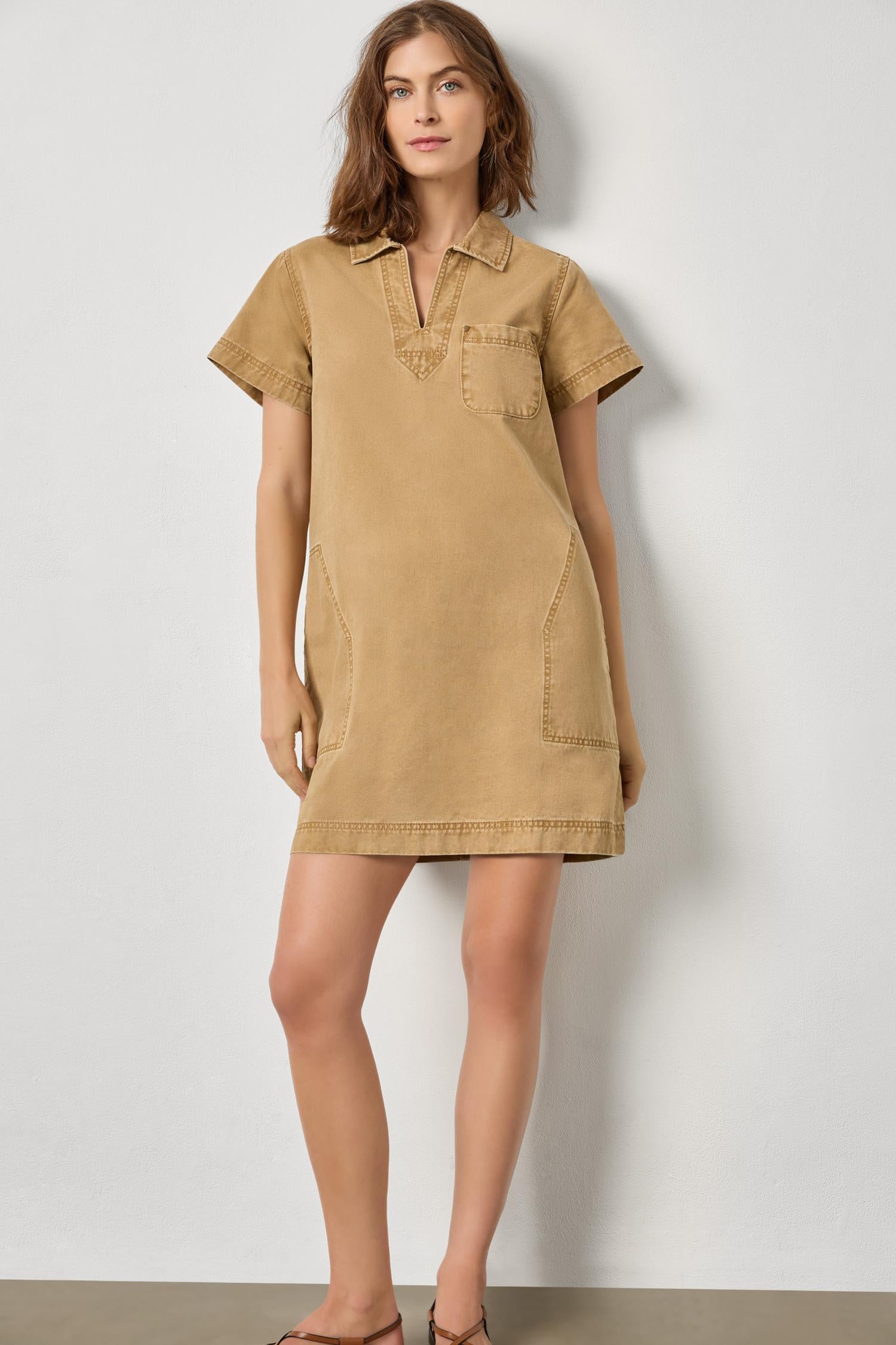 Twill Split Neck Collared Dress Womens Dress Buckwheat A1