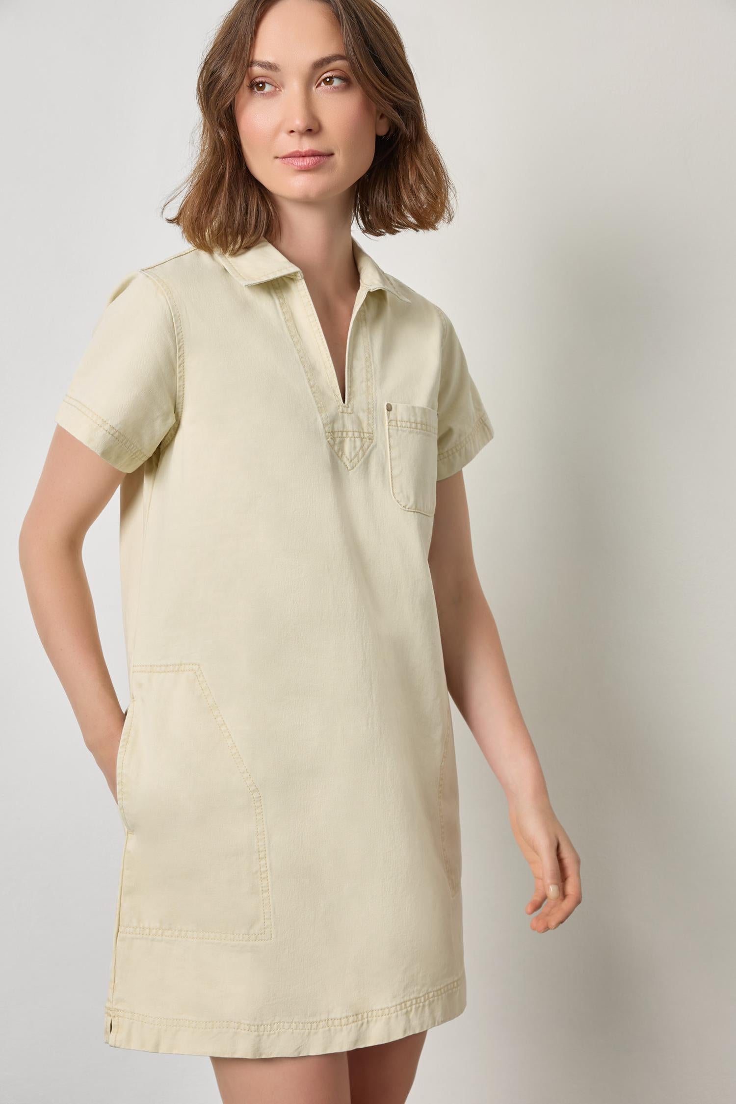 Twill Split Neck Collared Dress Parchment / X-Small