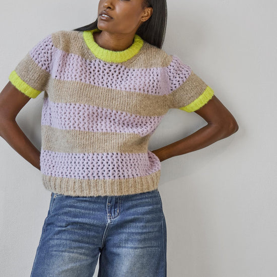 Short Sleeve Stripe Sweater in color Lily/Husk Stripe Image A1