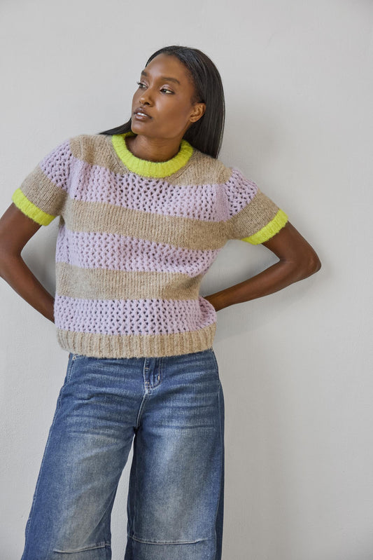 Short Sleeve Stripe Sweater in color Lily/Husk Stripe Image A1