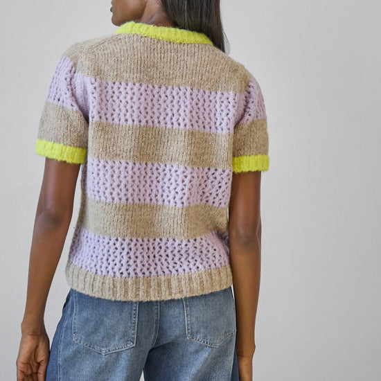 Short Sleeve Stripe Sweater in color Lily/Husk Stripe Image A2