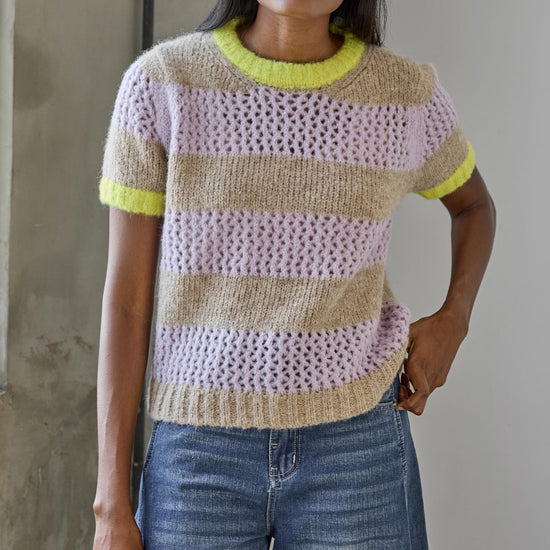 Short Sleeve Stripe Sweater in color Lily/Husk Stripe Image C1