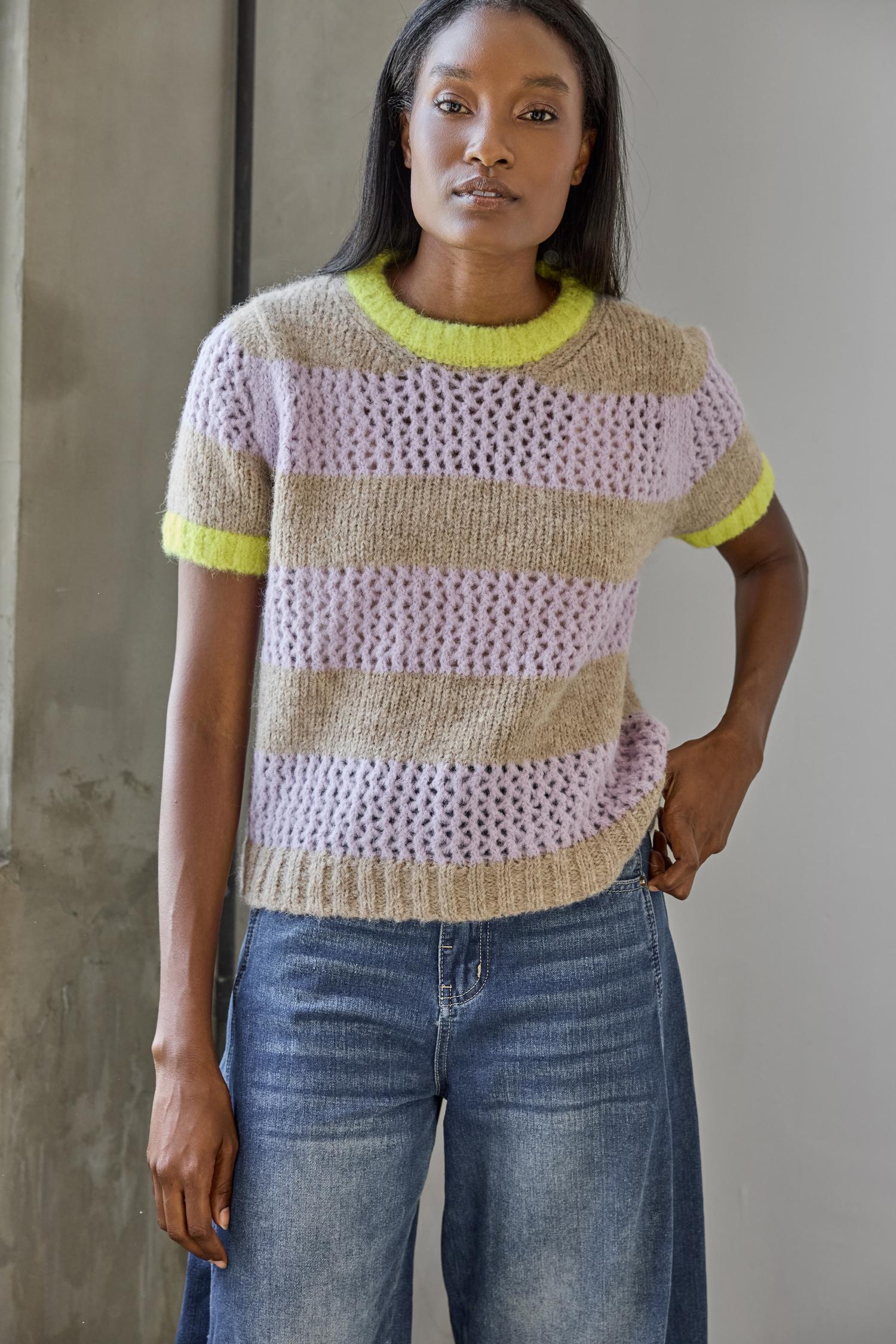 Short Sleeve Stripe Sweater in color Lily/Husk Stripe Image C1