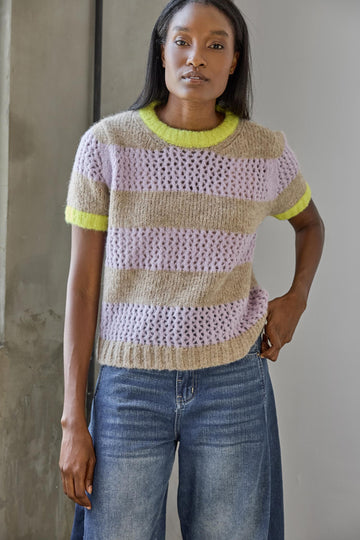 Short Sleeve Stripe Sweater in color Lily/Husk Stripe Image C1