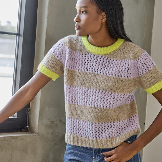 Short Sleeve Stripe Sweater in color Lily/Husk Stripe Image C2