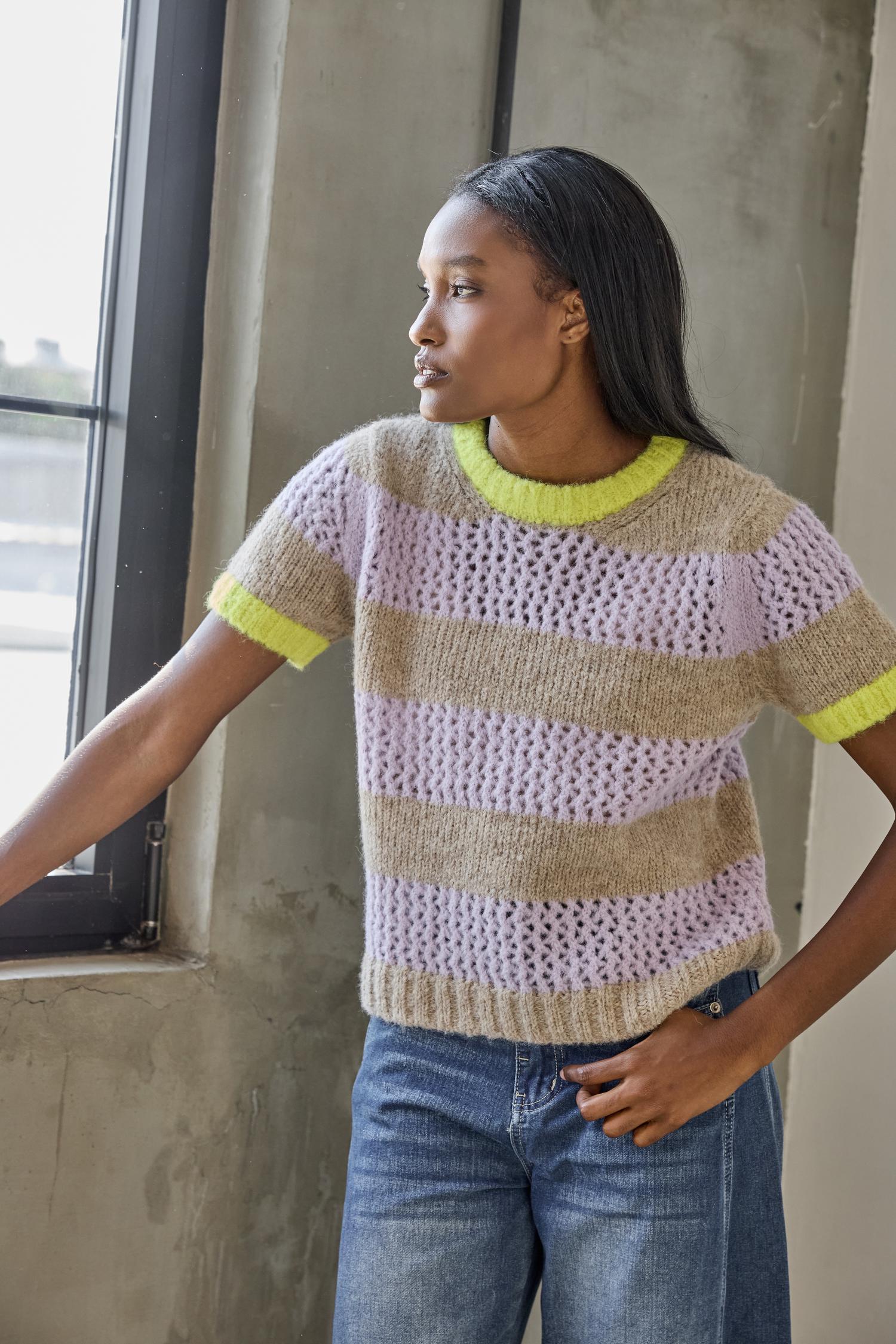 Short Sleeve Stripe Sweater in color Lily/Husk Stripe Image C2