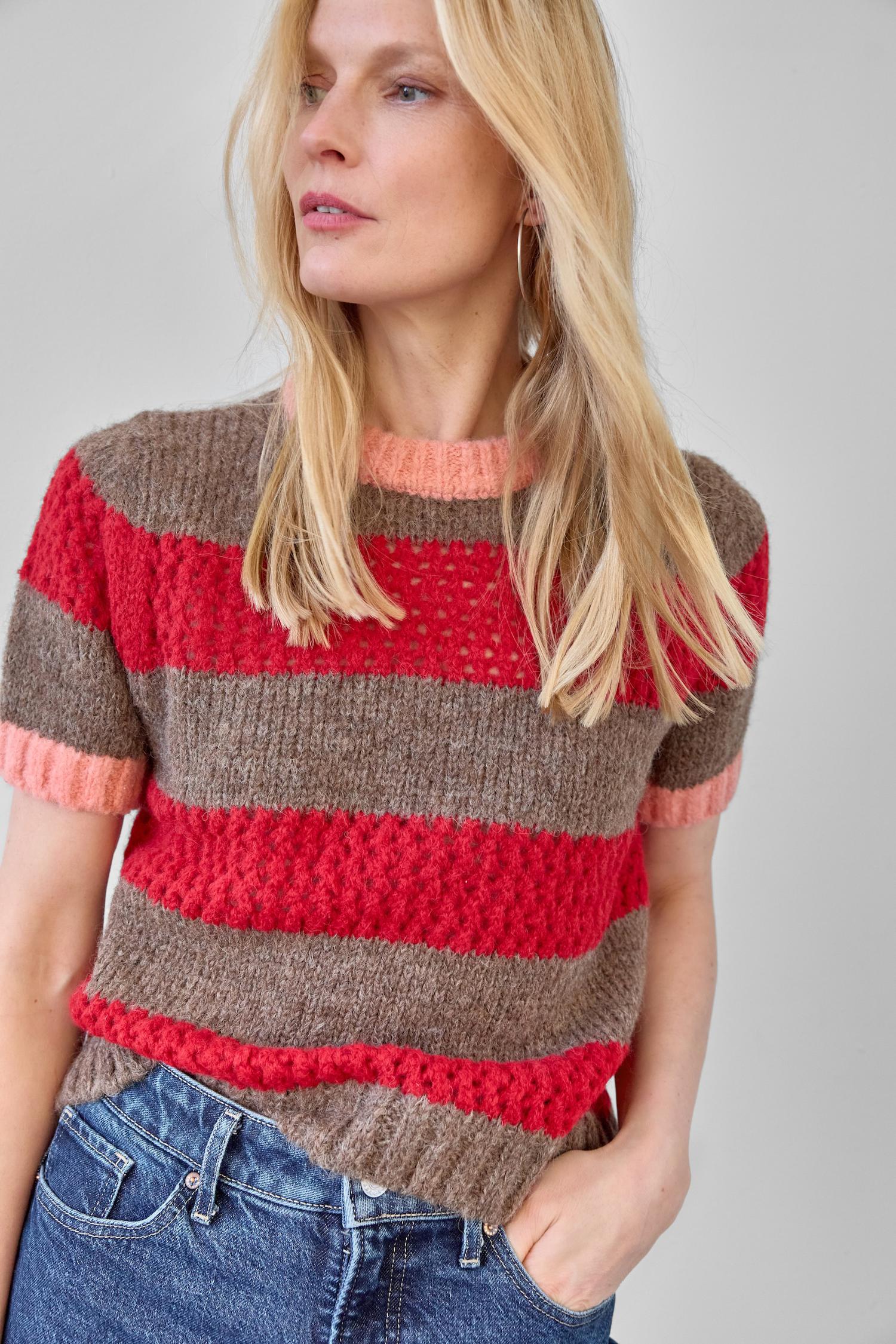 Short Sleeve Stripe Sweater Womens Sweater Ruby/Java Stripe A0