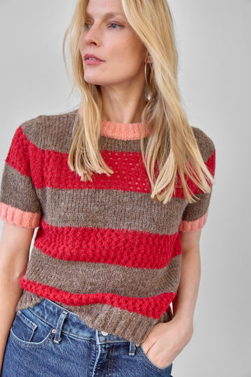 Short Sleeve Stripe Sweater Womens Sweater Ruby/Java Stripe A0