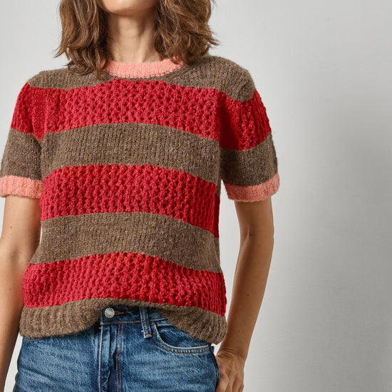 Short Sleeve Stripe Sweater in color Ruby/Java Stripe Image A1