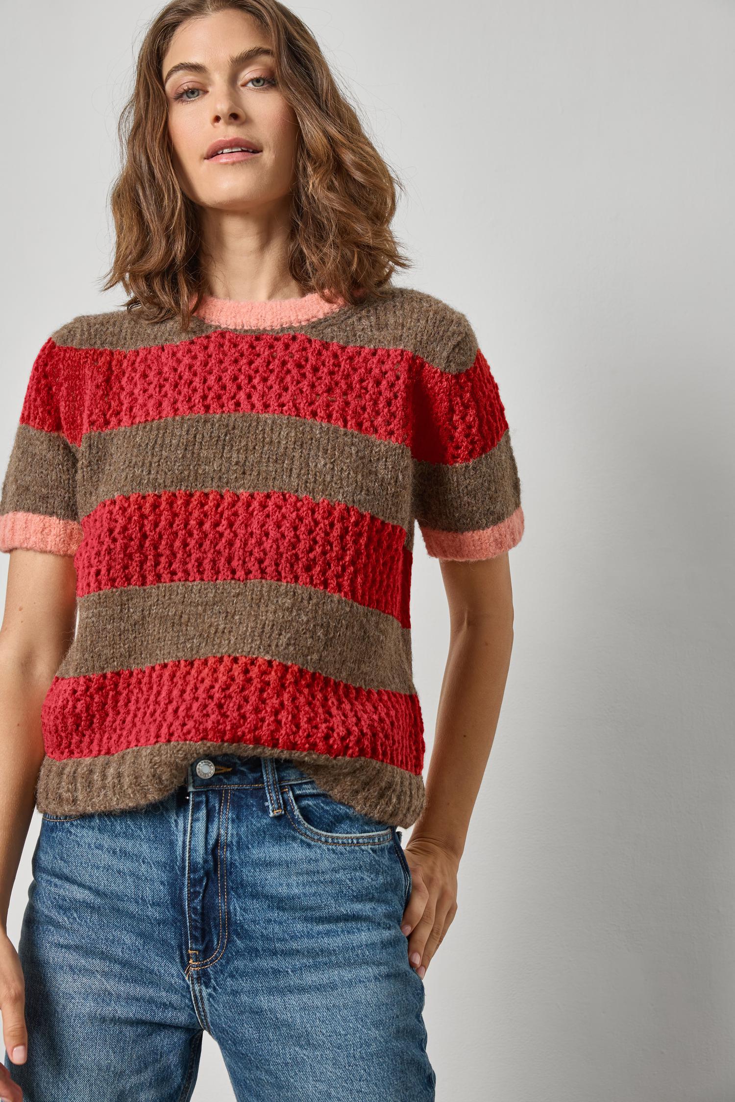 Short Sleeve Stripe Sweater in color Ruby/Java Stripe Image A1