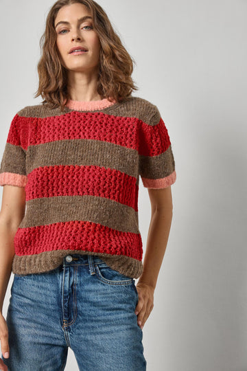 Short Sleeve Stripe Sweater Womens Sweater Ruby/Java Stripe A1