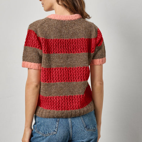 Short Sleeve Stripe Sweater in color Ruby/Java Stripe Image A2