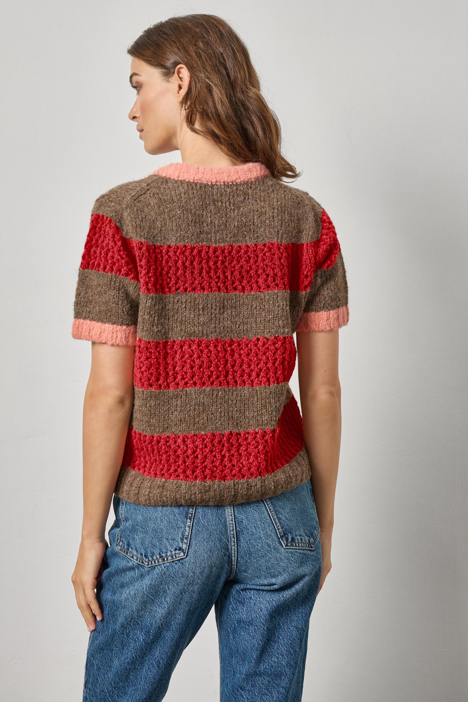 Short Sleeve Stripe Sweater in color Ruby/Java Stripe Image A2