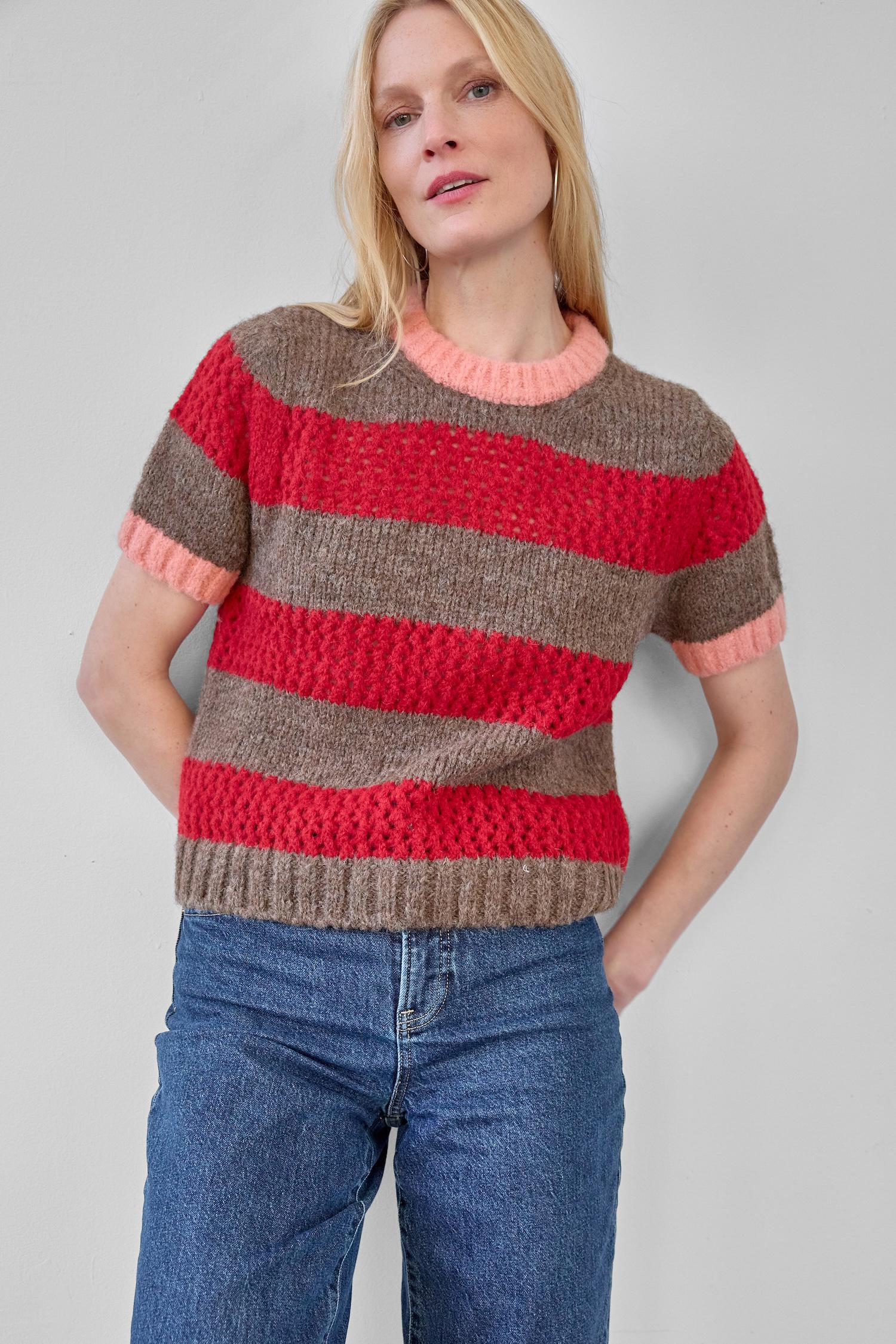Short Sleeve Stripe Sweater Womens Sweater Ruby/Java Stripe C1