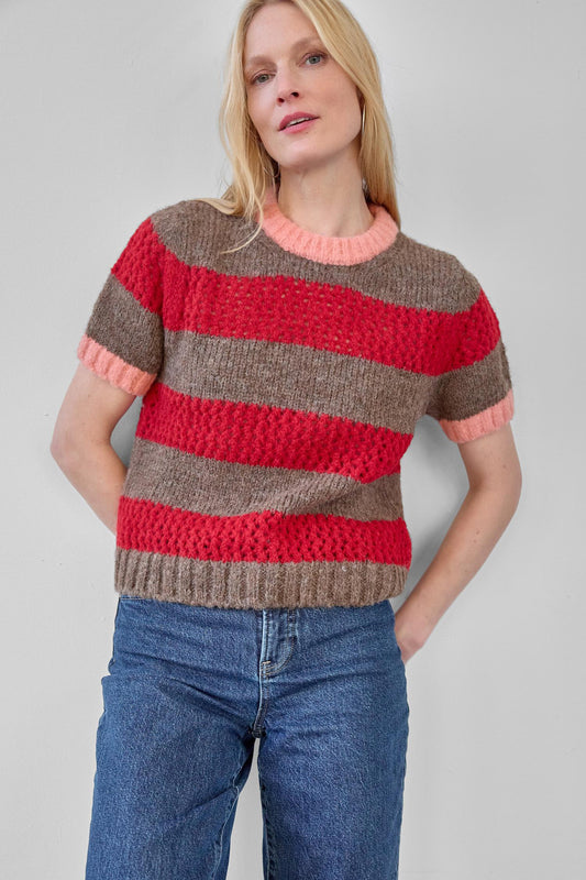 Short Sleeve Stripe Sweater Womens Sweater Ruby/Java Stripe C1