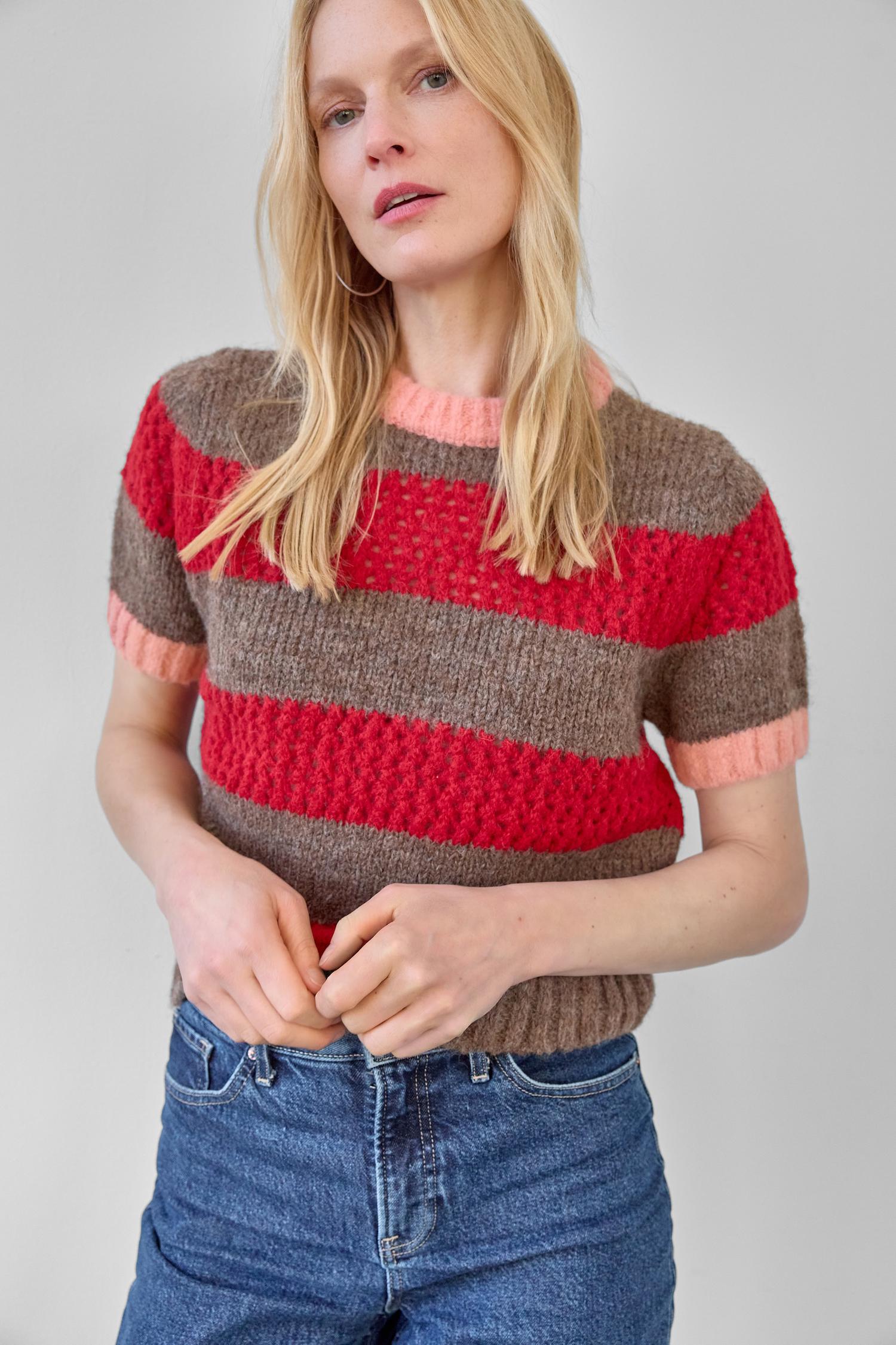 Short Sleeve Stripe Sweater Womens Sweater Ruby/Java Stripe C2