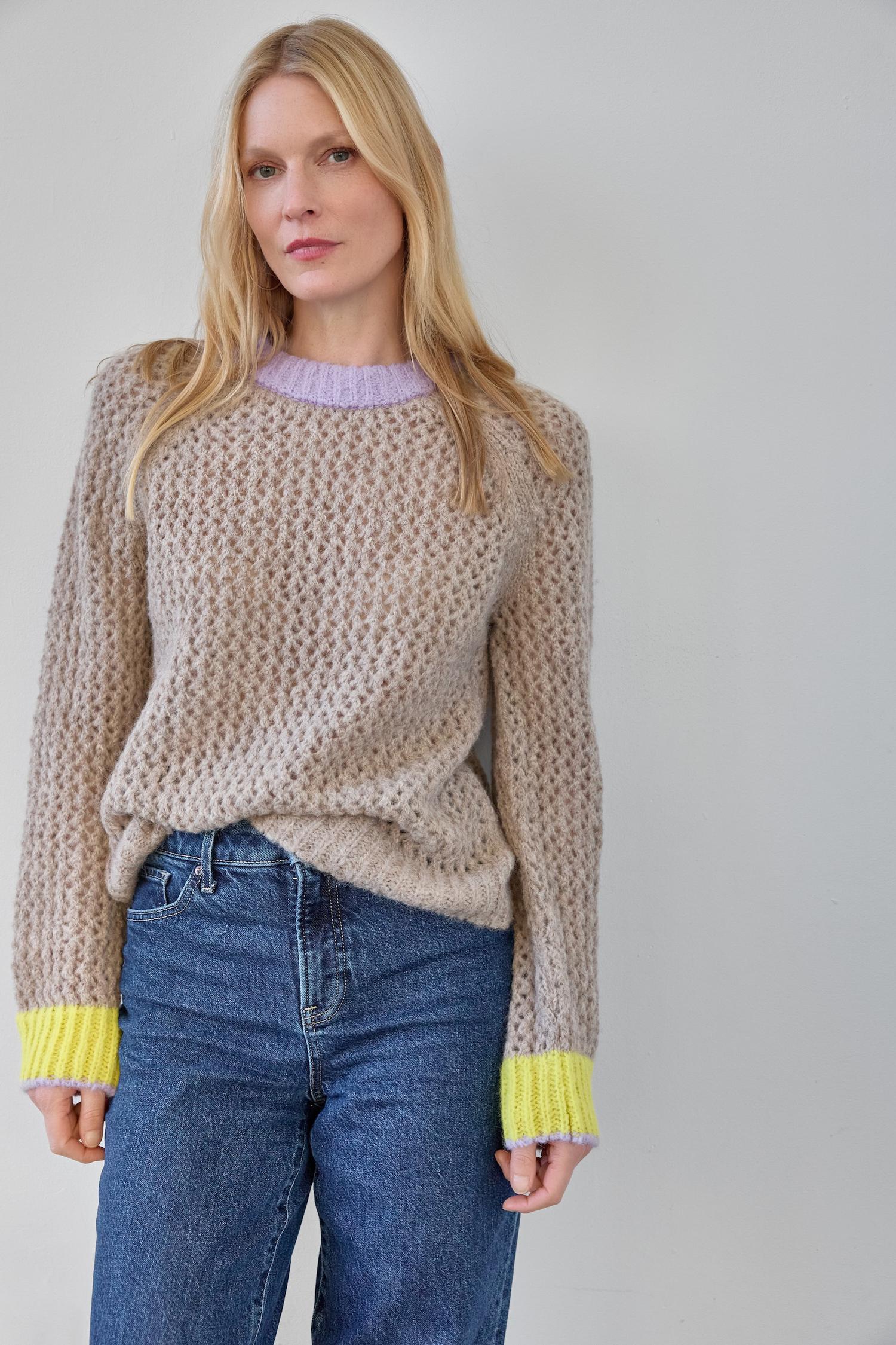 Contrast Trim Crewneck Sweater in color Husk Combo Image A0