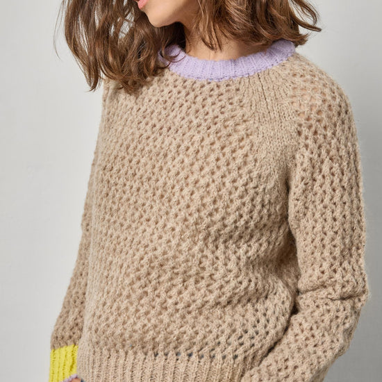 Contrast Trim Crewneck Sweater in color Husk Combo Image A3