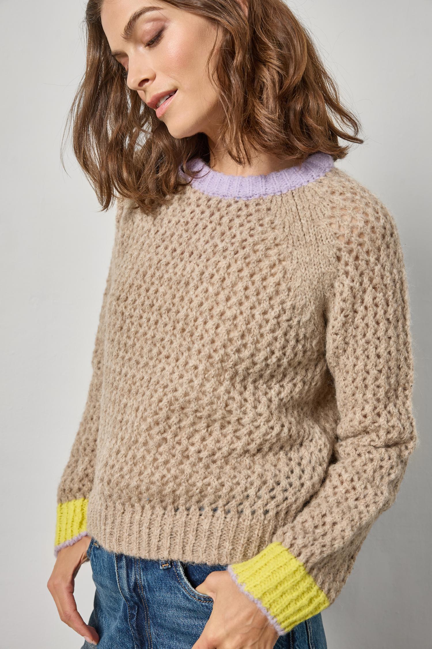 Contrast Trim Crewneck Sweater in color Husk Combo Image A3