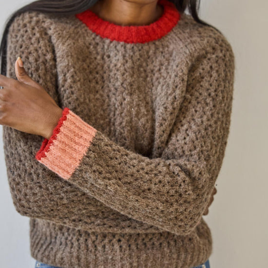 Contrast Trim Crewneck Sweater in color Java Combo Image A3