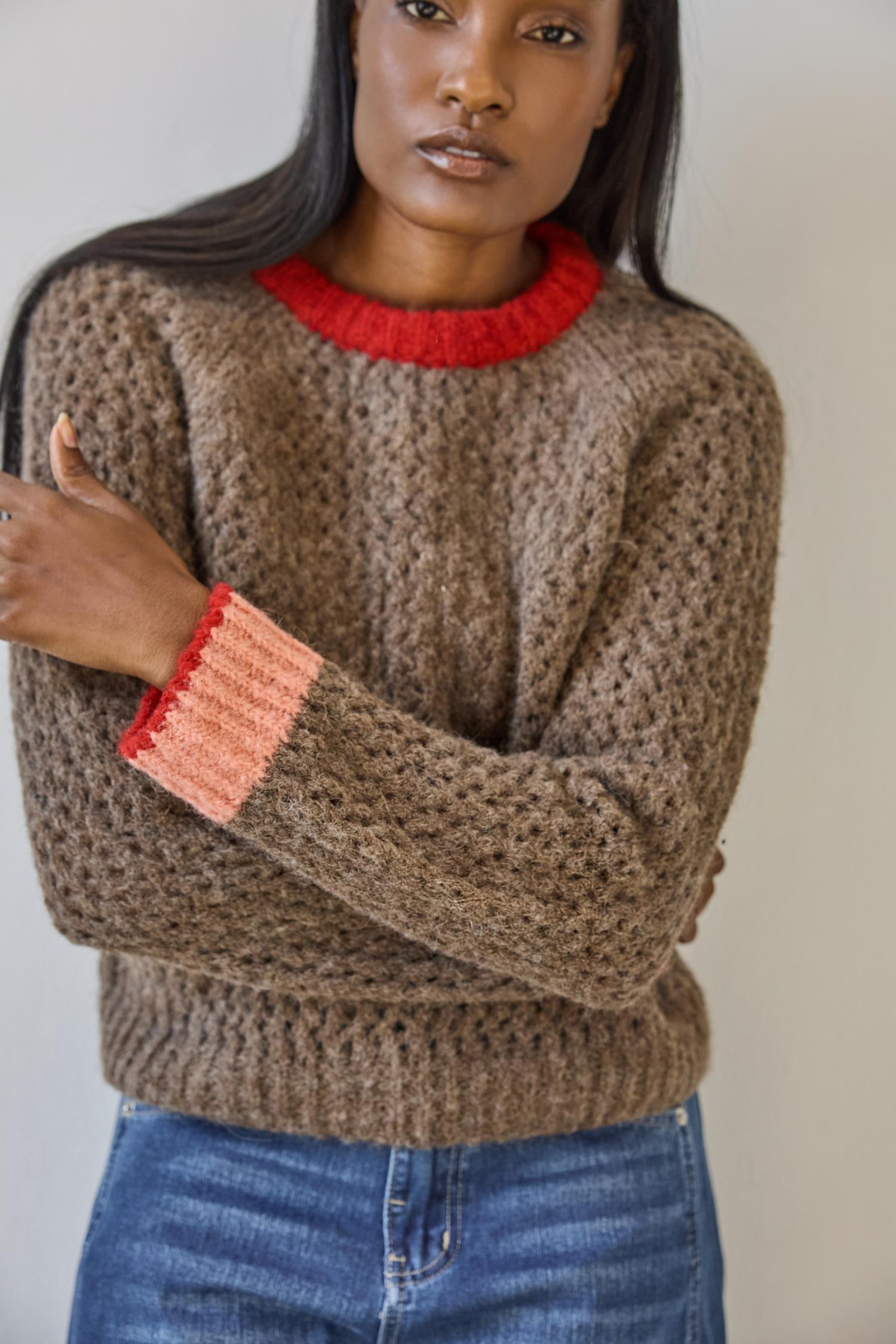 Contrast Trim Crewneck Sweater in color Java Combo Image A3