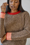 Contrast Trim Crewneck Sweater Womens Sweater Java Combo A4