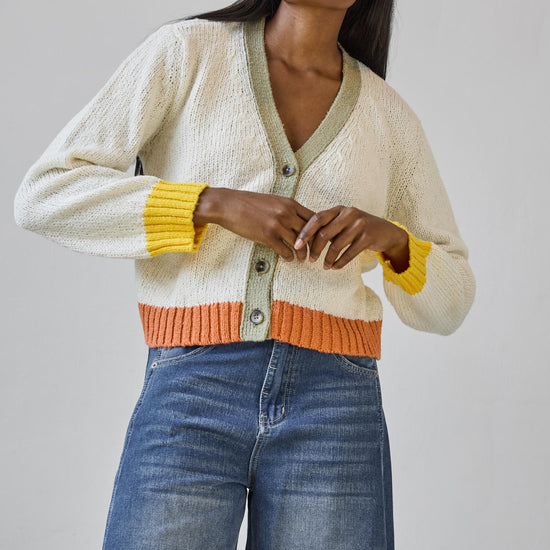 Contrast Trim Cardigan in color Ivory Combo Image A1