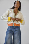Contrast Trim Cardigan Womens Sweater Ivory Combo A1