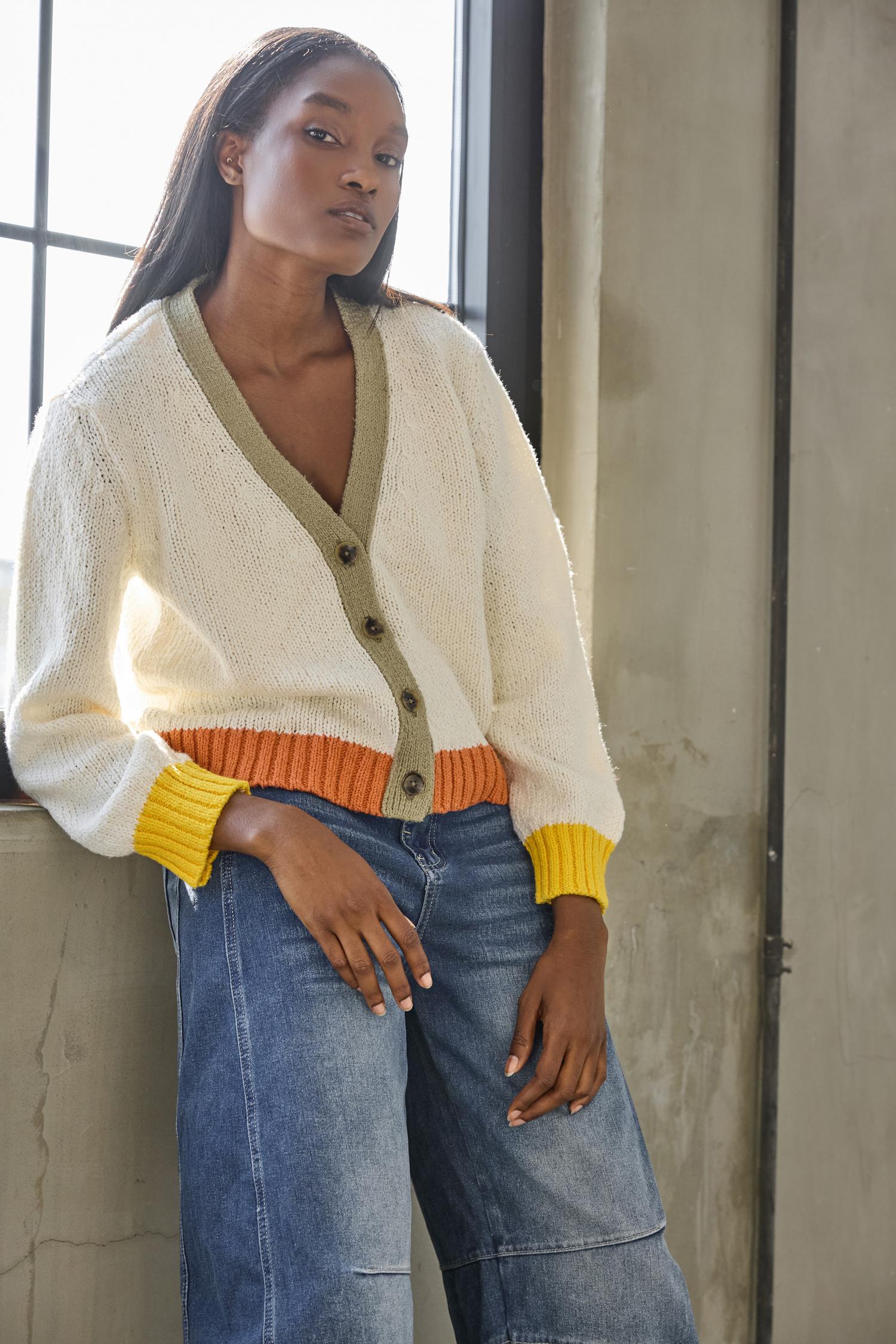 Contrast Trim Cardigan in color Ivory Combo Image C1