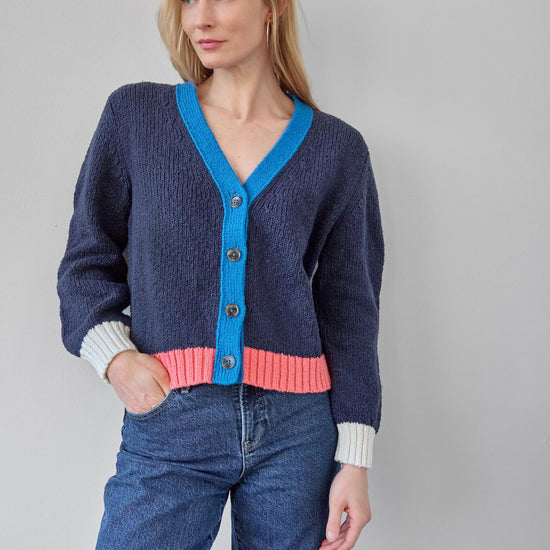 Contrast Trim Cardigan in color Navy Combo Image A0