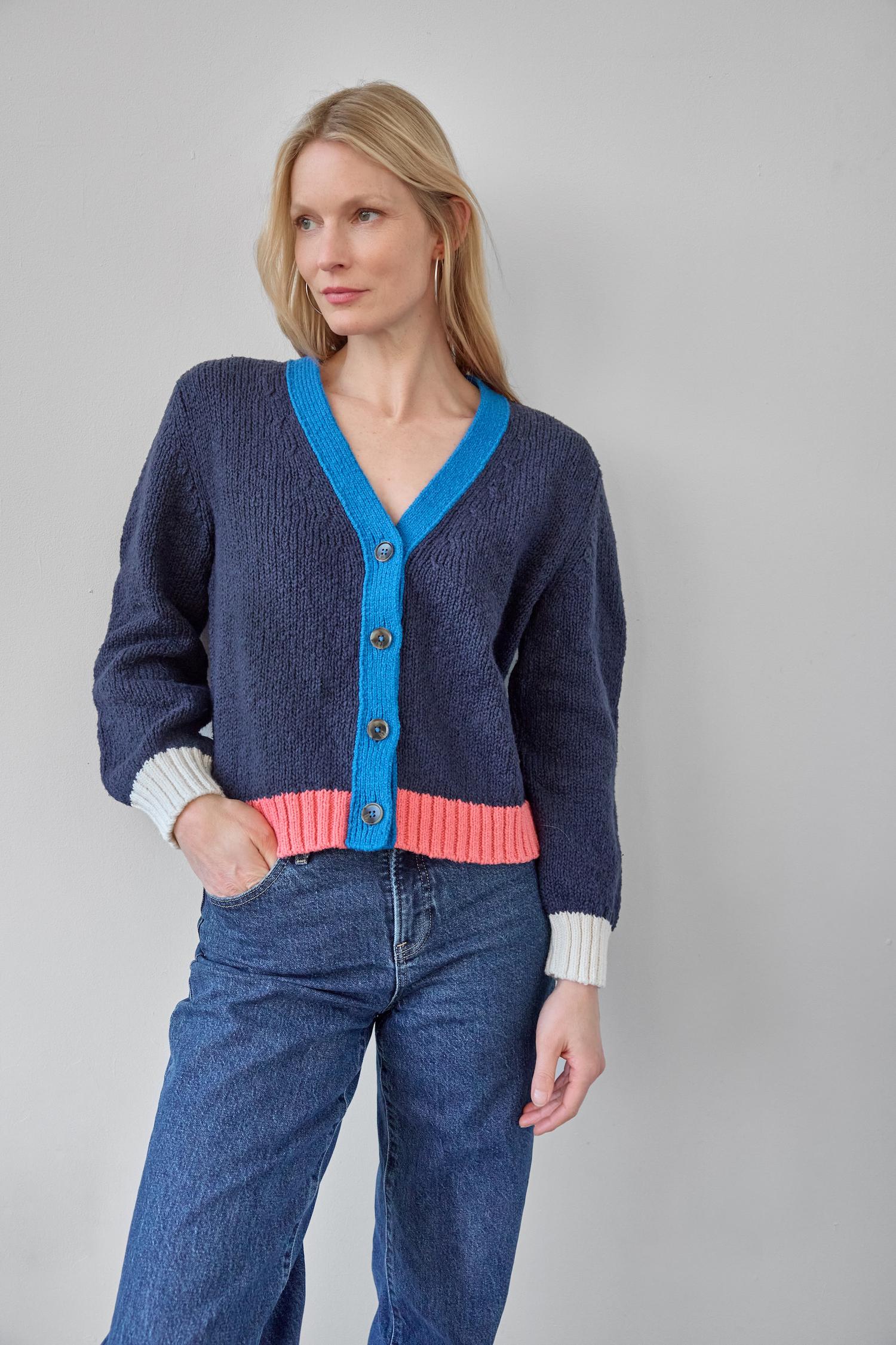 Contrast Trim Cardigan in color Navy Combo Image A0