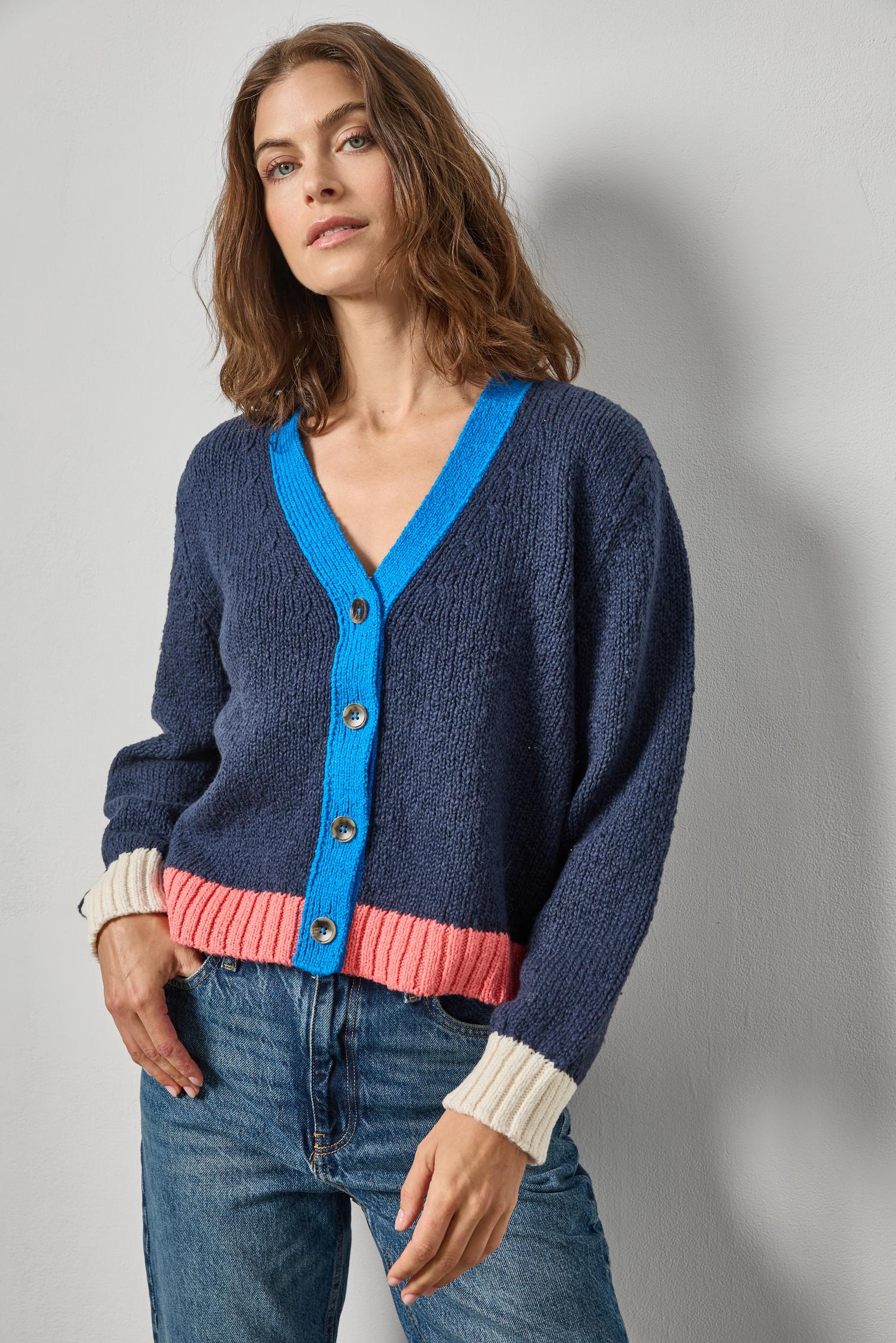 Contrast Trim Cardigan in color Navy Combo Image A1