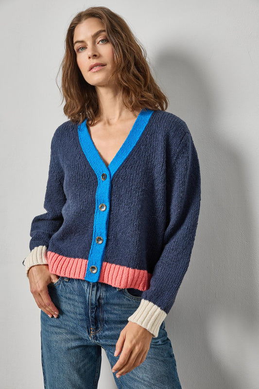 Contrast Trim Cardigan in color Navy Combo Image A1