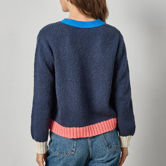 Contrast Trim Cardigan in color Navy Combo Image A2