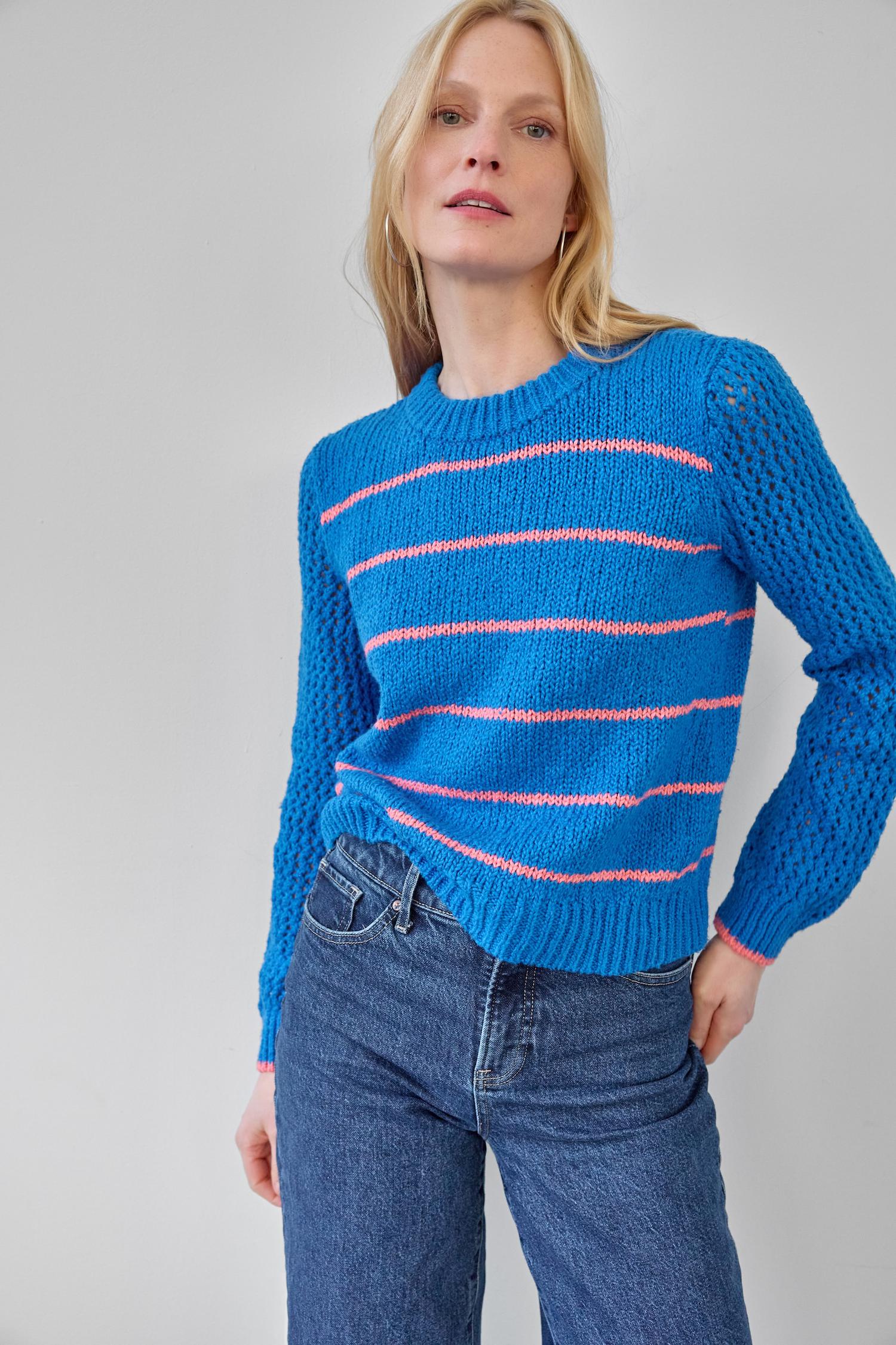 Textured Crewneck Sweater in color Cobalt/Nectar Stripe Image A0