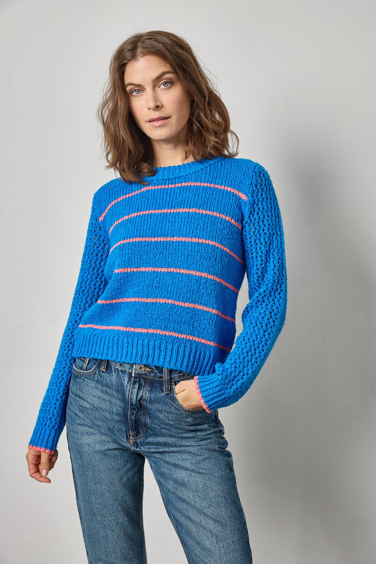 Textured Crewneck Sweater in color Cobalt/Nectar Stripe Image A1