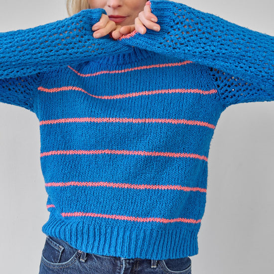 Textured Crewneck Sweater in color Cobalt/Nectar Stripe Image A3