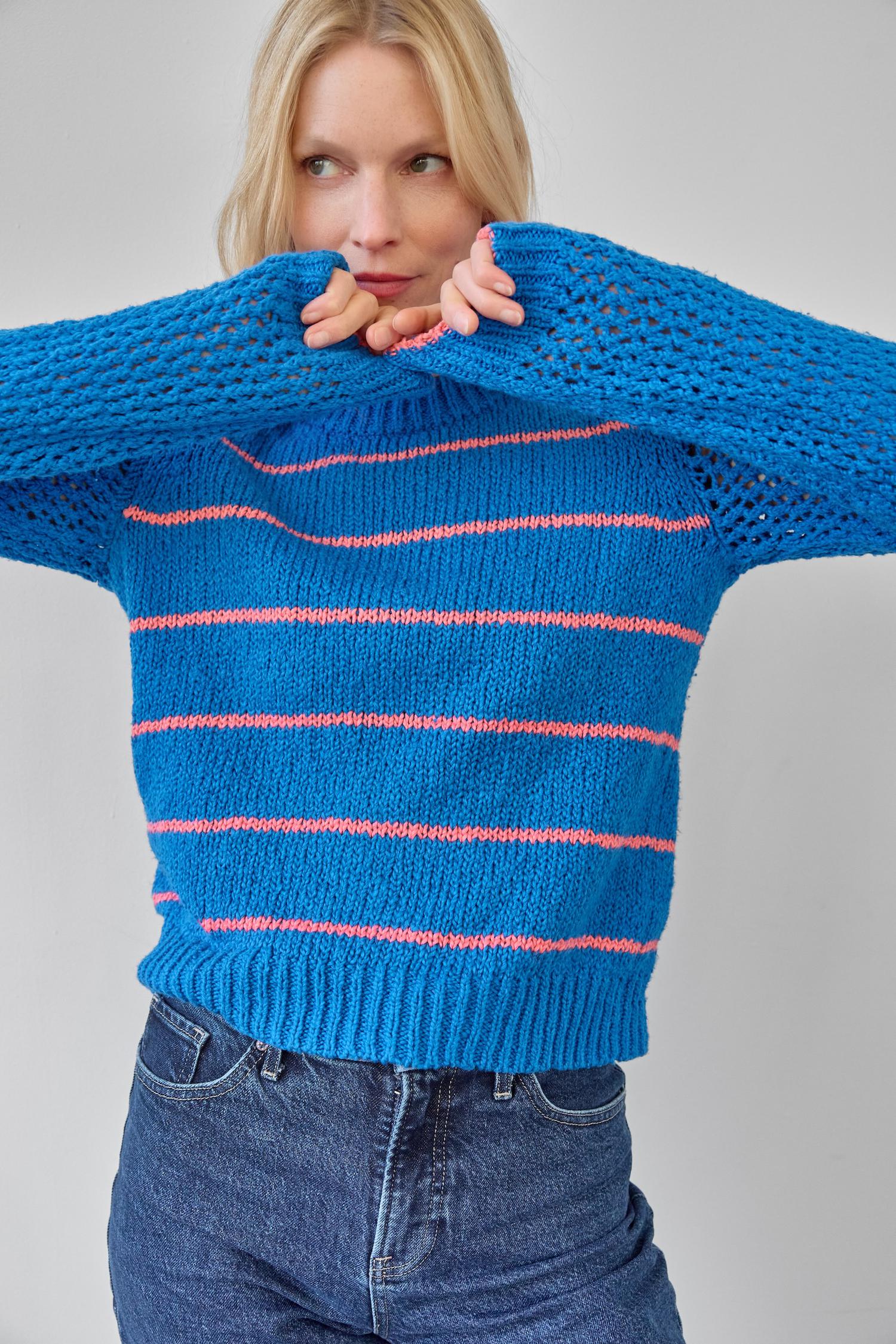 Textured Crewneck Sweater in color Cobalt/Nectar Stripe Image A3